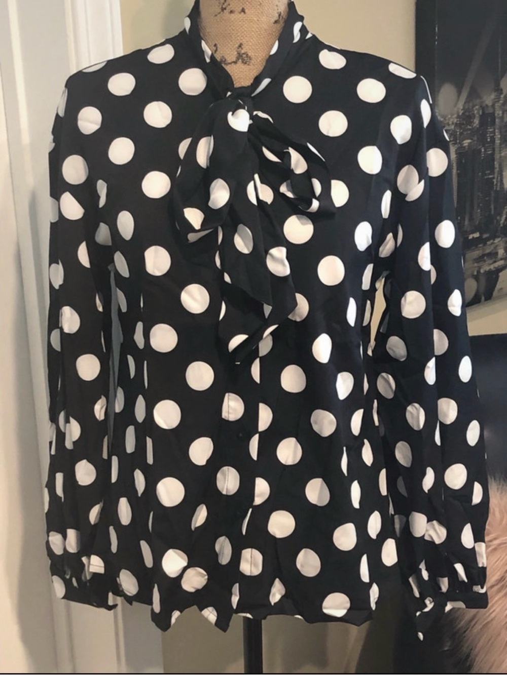 Women's Black Polka Dot Tie-Neck Blouse